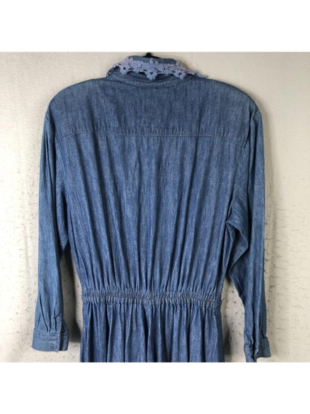 Western Denim Dress Womens L Blue Maxi Crochet Collar Boho Farmhouse Modest - Picture 11 of 16